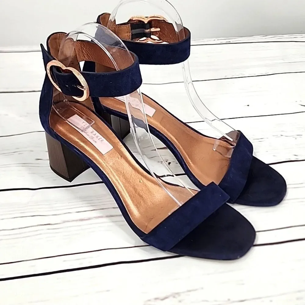 Ted Baker Qarvas Navy Blue Suede Open Toe Ankle Strap Sandals 9.5
